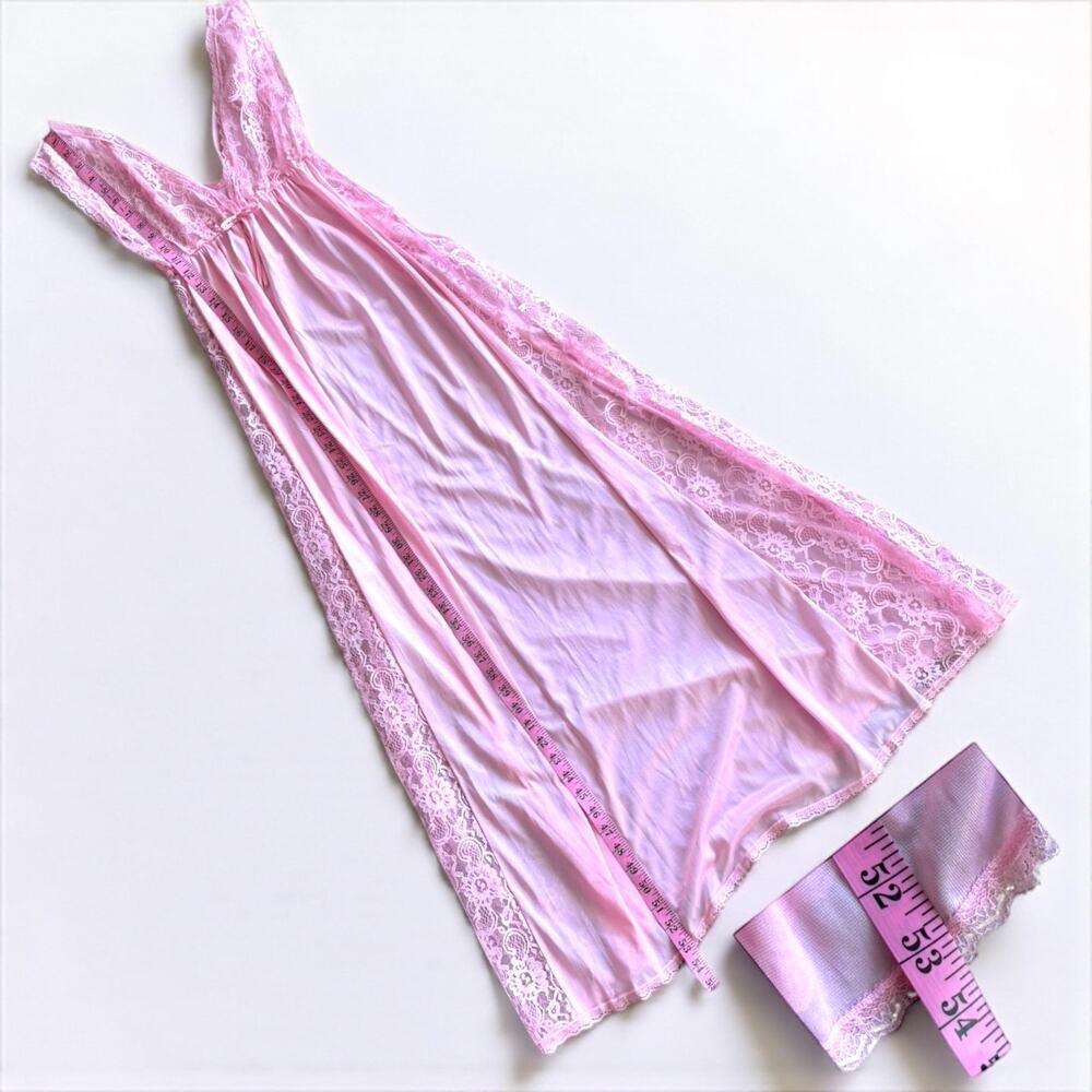 Vintage Pink Nightgown Peekaboo Lace Maxi Lingerie Babydoll Deep V Full Length - Picture 8 of 10